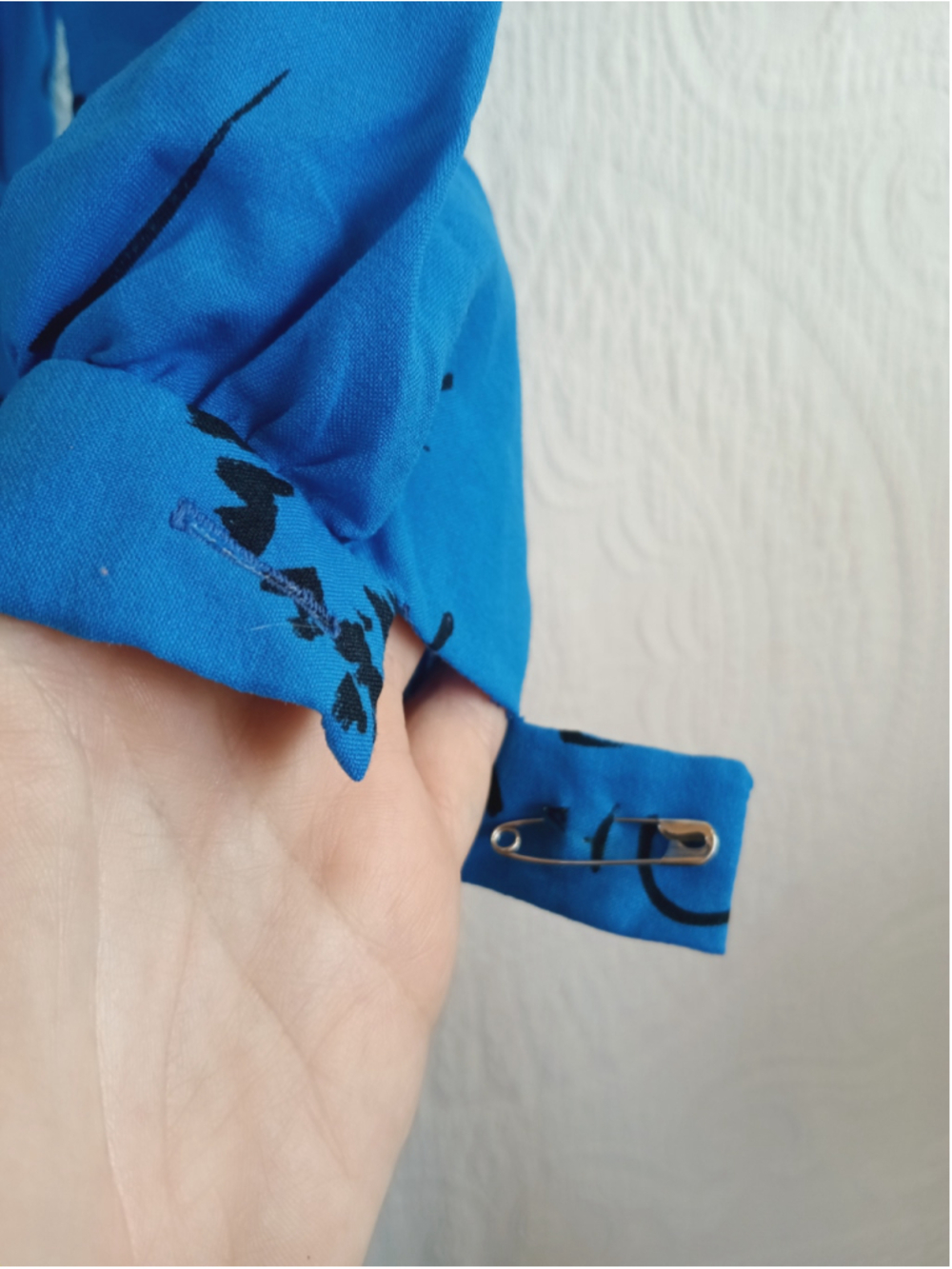 80s Button down Midi shirt Dress electric Blue Black floral vintage secretary M - Picture 10 of 16